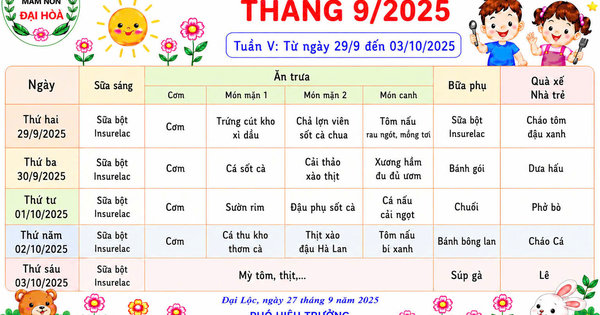 Thực đơn tháng 9/2025