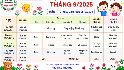 Thực đơn tháng 9/2025