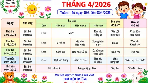 Thực đơn tháng 4/2026