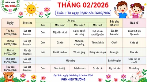 Thực đơn tháng 2/2026