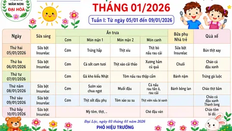 Thực đơn tháng 1/2026